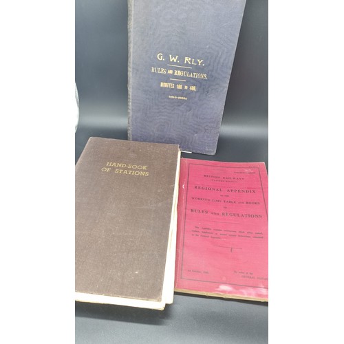 493 - Three railway books - GWR Rules and Regulations, Handbook of Stations, and British Railways Working ... 