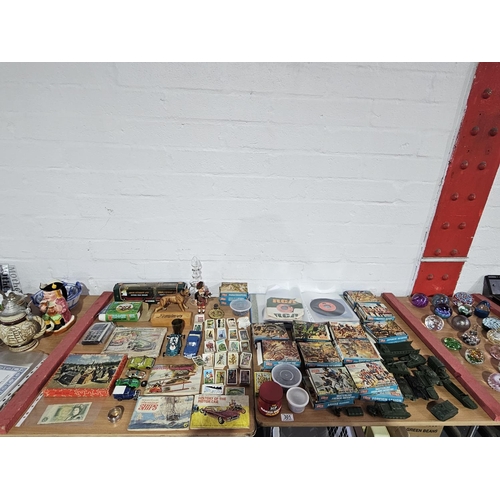 301 - A selection of Airfix models, vintage toys, cigarette cards, vinyl single records etc