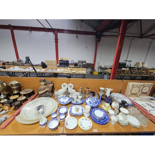 371 - Decorative china and glassware to include Staffordshire dogs, meat platters, vases etc