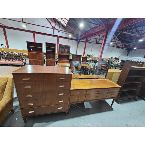 432 - A teak chest of drawers with a matching triple mirror dressing table