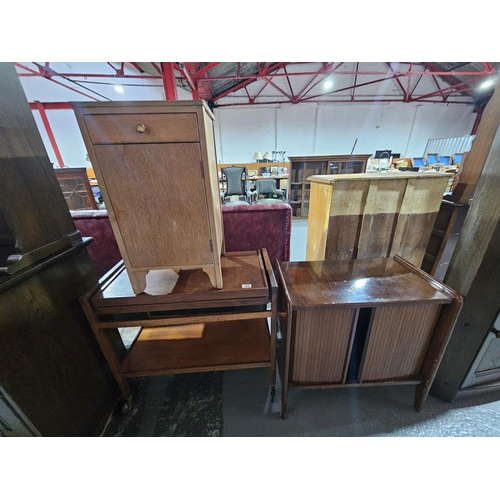 435 - A Record cabinet, bedside cabinet and a tea trolley