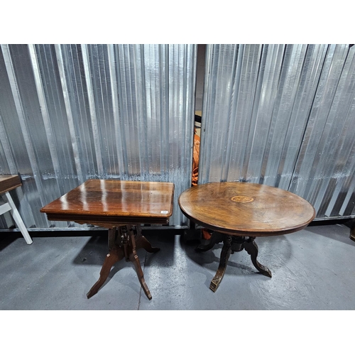 444 - A mahogany inlaid tilt top table together with an oak side table