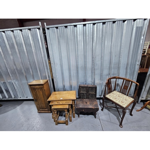 445 - A mahogany corner chair, nest of tables, oak cabinet, etc