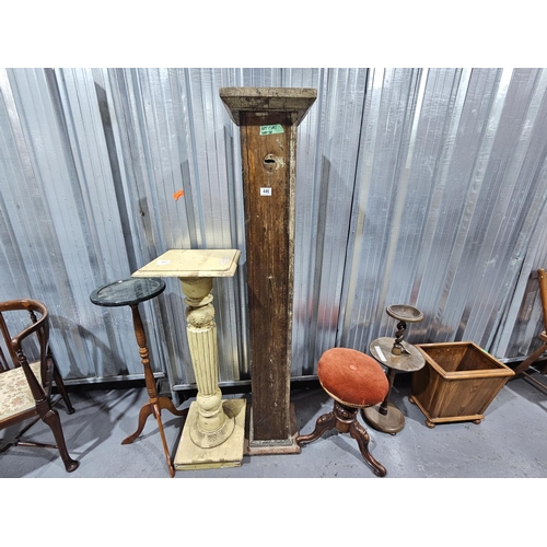 446 - Two podiums, plant stand with marble top, oak smokers stand, stool, etc