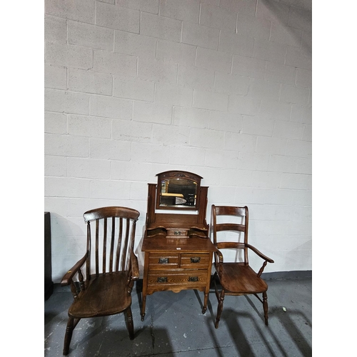 450 - An oak single mirror dressing chest with two farmhouse style armchairs