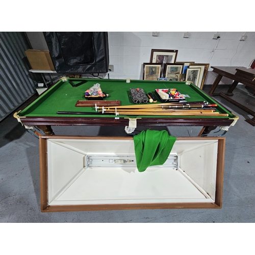 458 - A Slate bed Pool/Snooker table with cues, balls, triangles, etc together with a canopy Snooker light... 