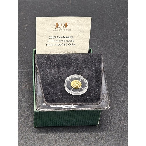 505 - A Harrington and Byrne 2019 Centenary of Remembrance gold proof Five pound coin - 1/2 a gram of 24k ... 