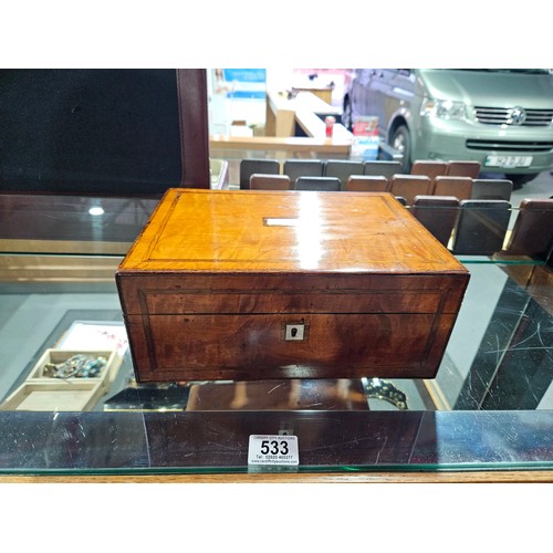 533 - Turn of the century wooden Sewing box with fitted interior and inscribed Mother of Pearl insert