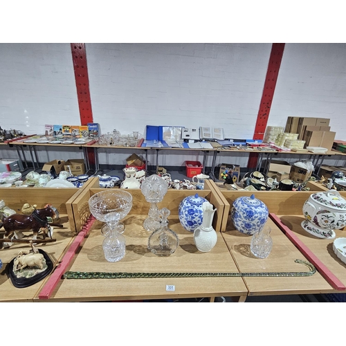 331 - A Beleek vase, two blue and white ginger jars, glass walking cane, cut glass decanters etc