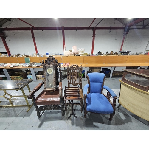 404 - One upholstered and one carved armchair, hall chair, wall hanging clock and a letter rack on tripod ... 