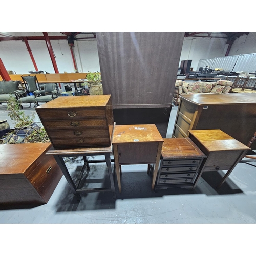 438 - Two sewing boxes, Oak side table, small chest of drawers etc.