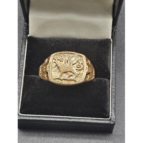 506 - A 9k gold gents Welsh Dragon ring - large size - weight 8.5 grams