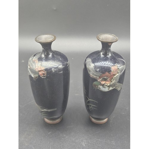 530 - A pair of early Cloisonne vases (small enamel damage to both vases) - bird decoration - 6 inches tal... 