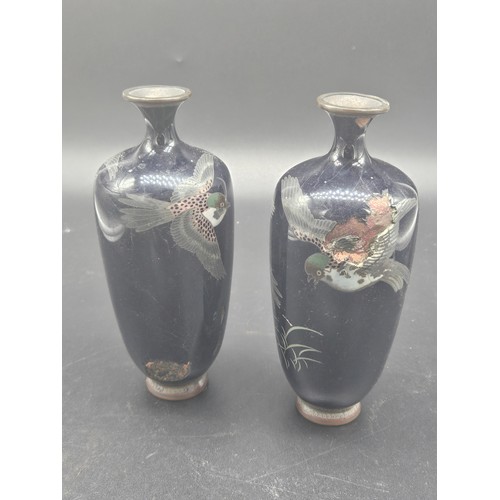 530 - A pair of early Cloisonne vases (small enamel damage to both vases) - bird decoration - 6 inches tal... 