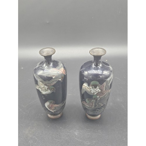 526 - A pair of early Cloisonne vases (small enamel damage to both vases) - bird decoration - 6 inches tal... 