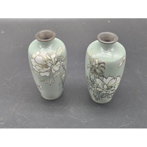 523 - A pair of early Cloisonne vases (hairline cracks to enamel) - floral decoration - 5 inches tall