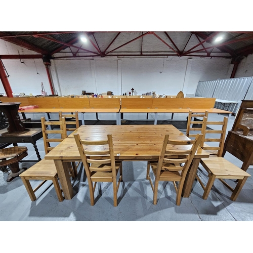 412 - A pine dining table with 6 chairs