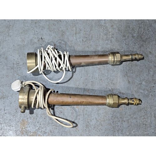 584 - Two vintage brass and copper fire hose nozzles (converted to lamps) - 19 inches tall and heavy