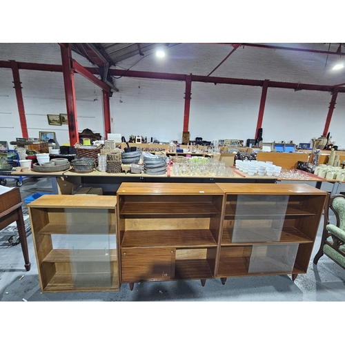 401 - Two teak multi width bookcases together with one other teak bookcase