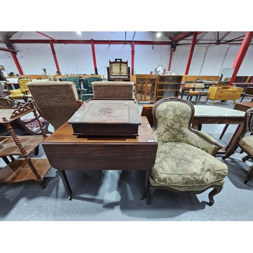 440 - A drop leaf dining table, upholstered armchair and a table top writing slope