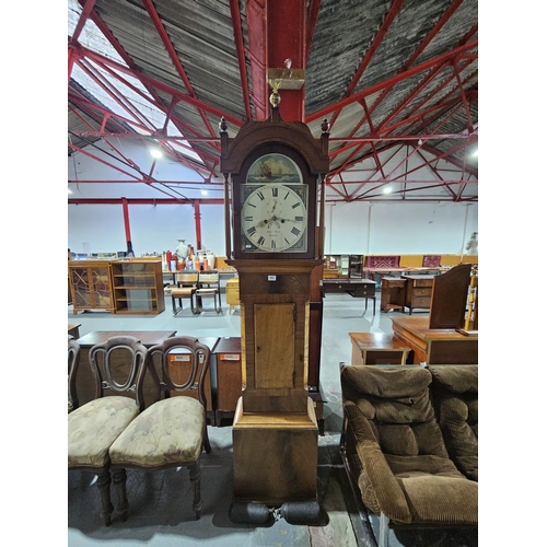 442 - A mahogany cased grandfather clock with two weights, pendulum and keys