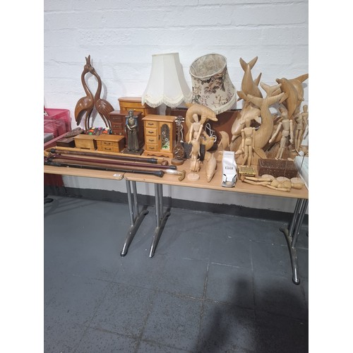 308 - A selection of wooden ornaments, walking canes, lamps, jewellery boxes, mannequins etc.