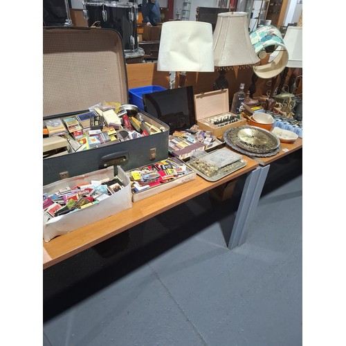 361 - Vintage items including lamps, Le Crueset pots, ornaments, boxed chess set, matchboxes etc.