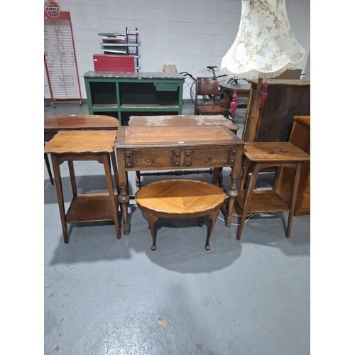 418 - Two oak side tables, oak desk, standard lamp and a coffee table