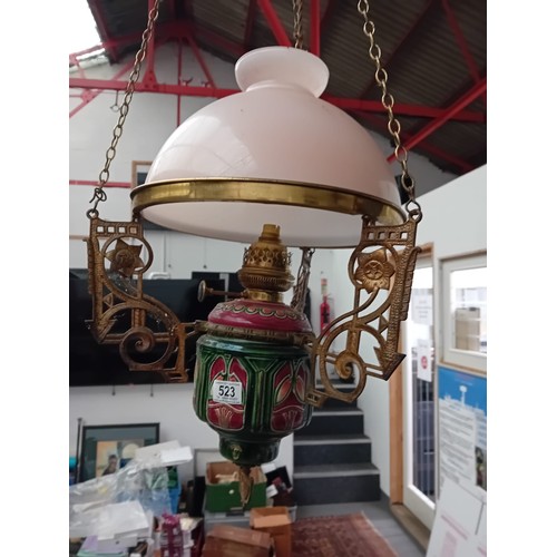 523 - A 1930's Ceiling Light/Oil Lamp converted to electricity - with Majolica reservoir and burner housin... 