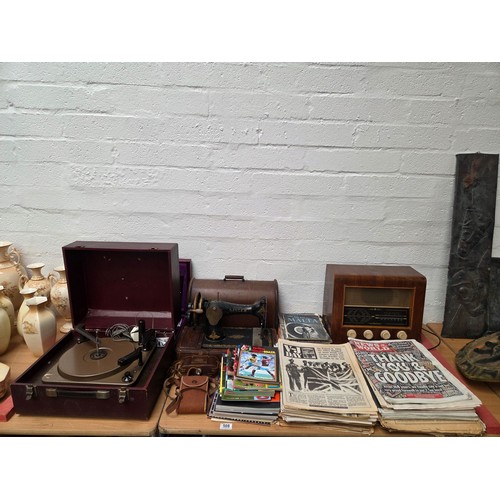 508 - Vintage radio, sewing machine, football programmes etc