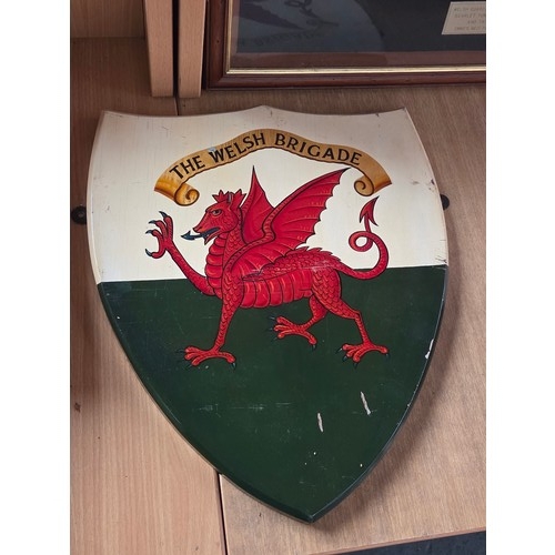 521 - A Royal Welsh Fusiliers framed Military swagger stick (frame opened for viewing), a hand painted 