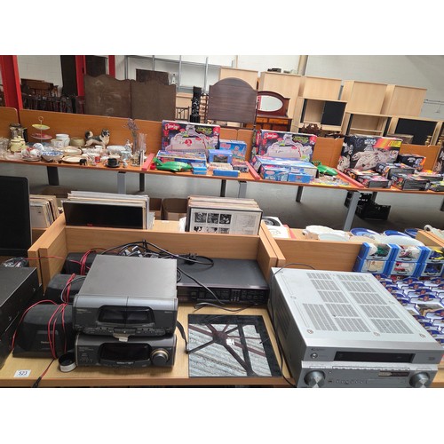523 - A Technics computer, amplifier, cassette deck with Technics speakers, Keff speakers, Keff sub woofer... 