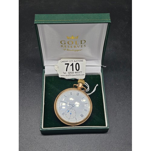 710 - A victorian 9 carat "Satisfaction" open faced pocket watch - 82.2 grams including movement and glass...