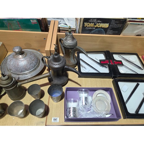 641 - A brass bowl on elephant stand, copper kettles, silver plated items, etc