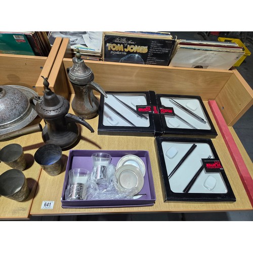 641 - A brass bowl on elephant stand, copper kettles, silver plated items, etc