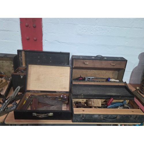 507 - Six various carpenter's tool boxes with an assortment of Stanley and Record planes, clamps, saws etc