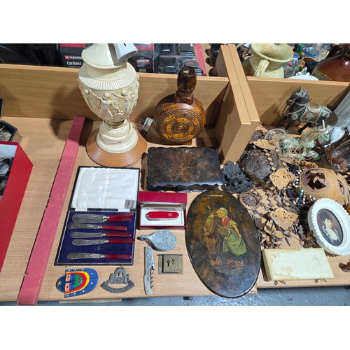 722 - Two brass oil lamps, writing slope, tea caddy, ornaments, lamps, etc