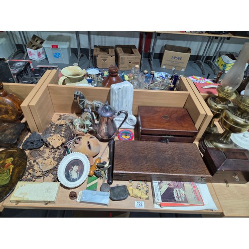 722 - Two brass oil lamps, writing slope, tea caddy, ornaments, lamps, etc