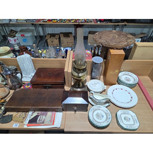 722 - Two brass oil lamps, writing slope, tea caddy, ornaments, lamps, etc