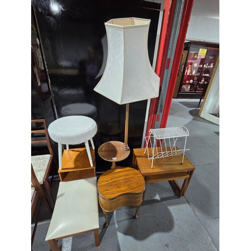 830 - A teak nest of tables, telephone table, sewing box, standing floor lamp with side table, etc