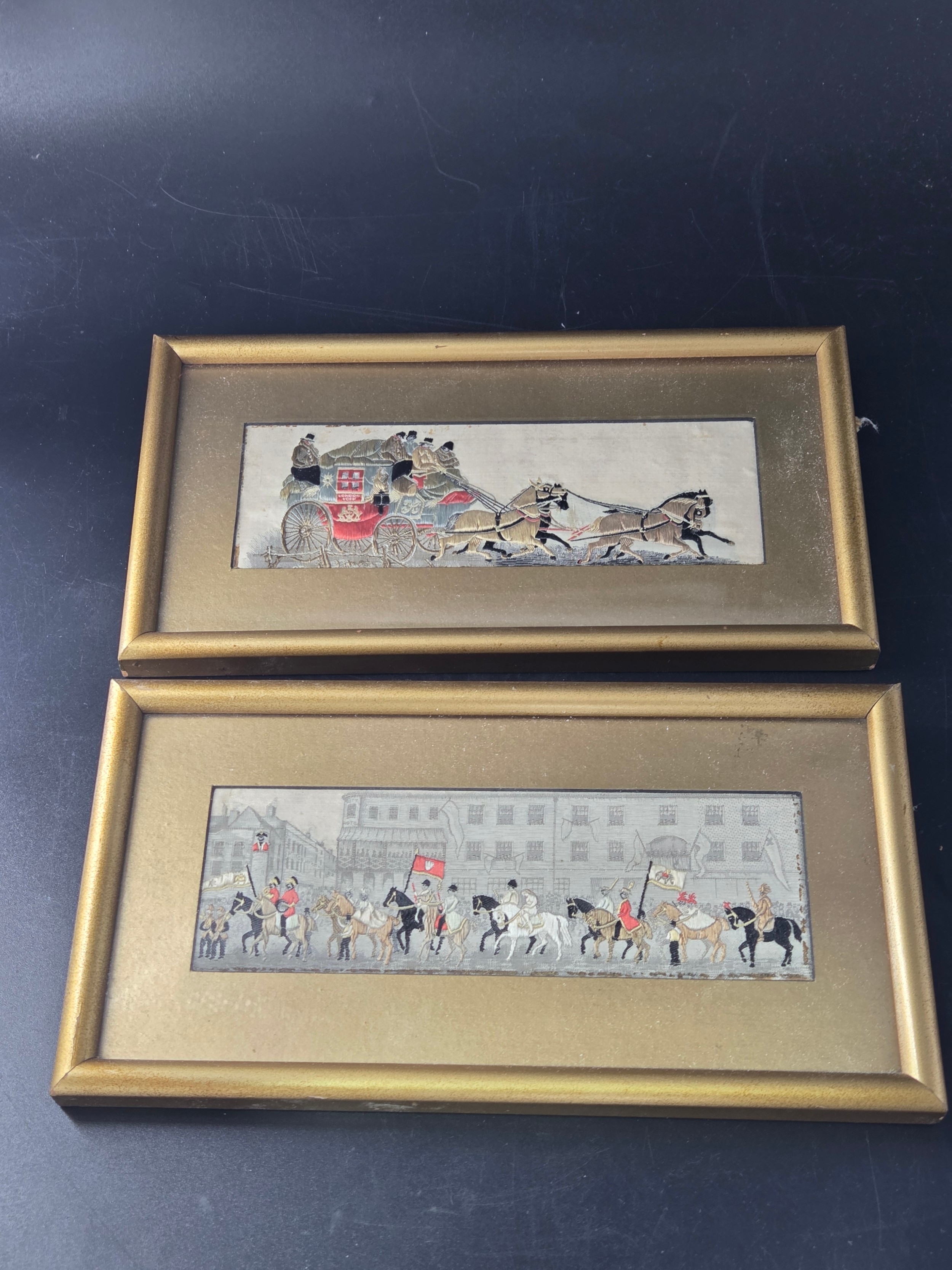 Two small framed Stevengraph silk pictures - The Lady Godiva procession ...