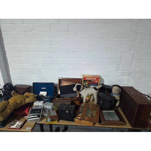 513 - Vintage items - Meccano M1 set, cameras and binoculars, mobile phones, writing slope, miners lamp, e... 
