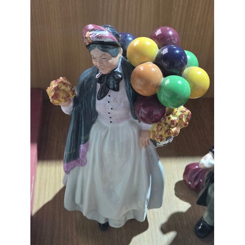 517 - Eight large Royal Doulton figurines - The Old Balloon Seller, The Balloon Seller, Biddy Pennyfarthin... 