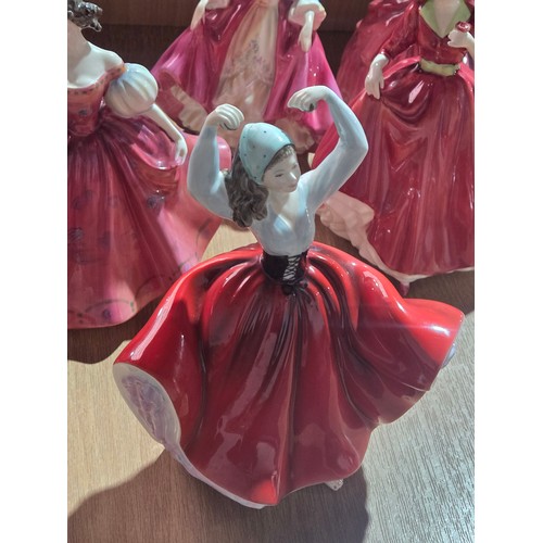 517 - Eight large Royal Doulton figurines - The Old Balloon Seller, The Balloon Seller, Biddy Pennyfarthin... 