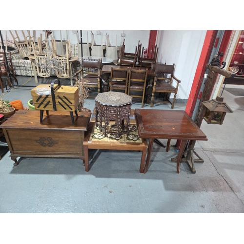 431 - An oak blanket box, tiled top table, standard lamp, sewing box, etc