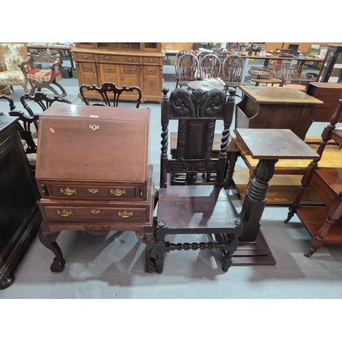 438 - A writing bureau, oak hall chair and a plant stand