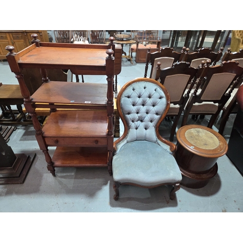 439 - A four tier whatnot, nursing chair and a commode