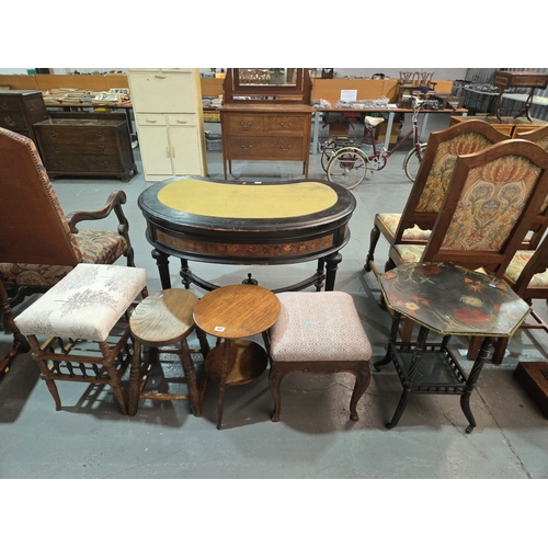 445 - A black lacquered side table, piano stool, footstool, side table etc