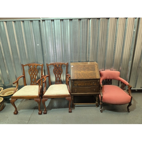 451 - A pair of armchairs, an upholstered club chair and an oak bureau