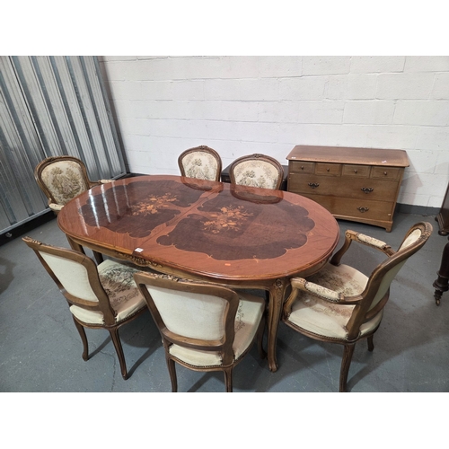 458 - A floral marquetry Italian extending dining table and six chairs